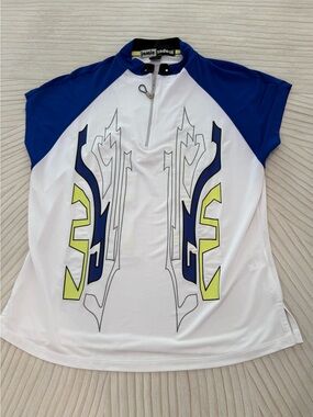 jamie sadock White, Blue & Neon Yellow Short Sleeve Graphic Golf Top